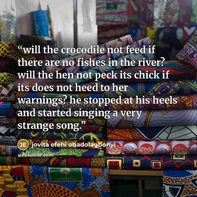 “will the crocodile not feed if there are no fishes in the river? will the hen not peck its chick if its does not heed to her warnings? he stopped at his heels and started singing a very strange song.” quote by jovita efehi obadolagbonyi