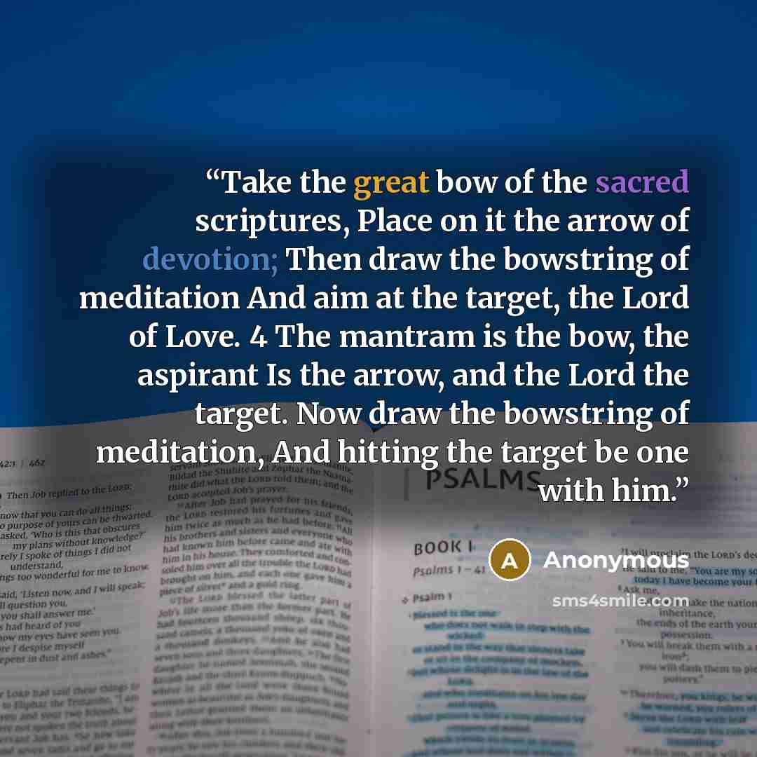 “Take the great bow of the sacred scriptures, Place on it the arrow of devotion; Then draw the bowstring of meditation And aim at the target, the Lord of Love. 4 The mantram is the bow, the aspirant Is the arrow, and the Lord the target. Now draw the bowstring of meditation, And hitting the target…” quote by Anonymous