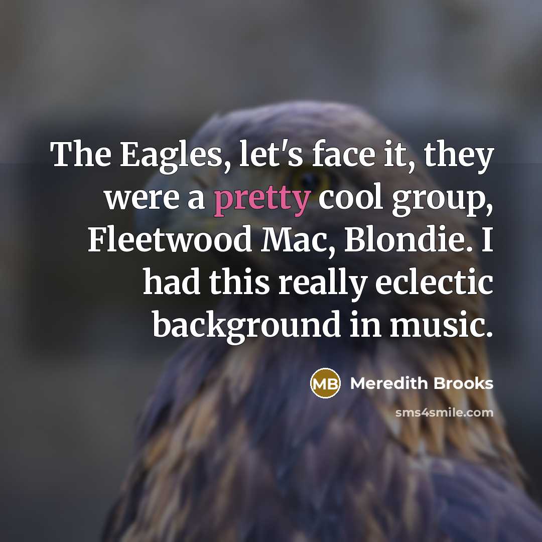 “The Eagles, let's face it, they were a pretty cool group, Fleetwood Mac, Blondie. I had this really eclectic background in music.” quote by Meredith Brooks