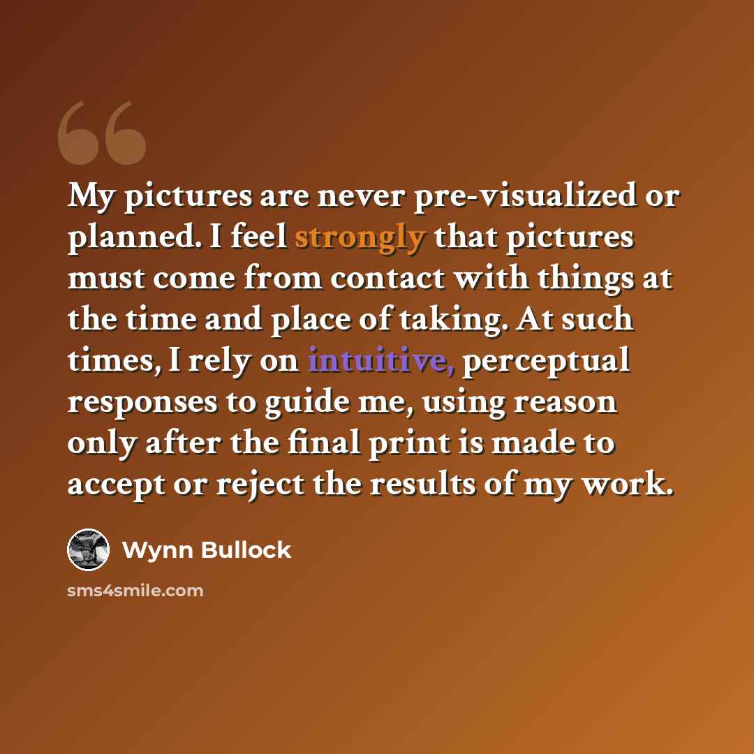 “My pictures are never pre-visualized or planned. I feel strongly that pictures must come from contact with things at the time and place of taking. At such times, I rely on intuitive, perceptual responses to guide me, using reason only after the final print is made to accept or reject the results…” quote by Wynn Bullock