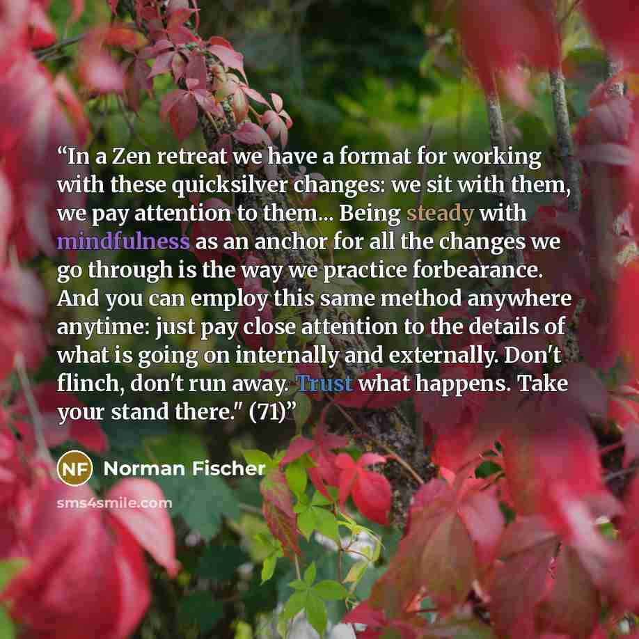 “In a Zen retreat we have a format for working with these quicksilver changes: we sit with them, we pay attention to them... Being steady with mindfulness as an anchor for all the changes we go through is the way we practice forbearance. And you can employ this same method anywhere anytime: just…” quote by Norman Fischer