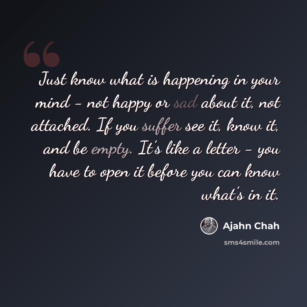 “Just know what is happening in your mind - not happy or sad about it, not attached. If you suffer see it, know it, and be empty. It's like a letter - you have to open it before you can know what's in it.” quote by Ajahn Chah