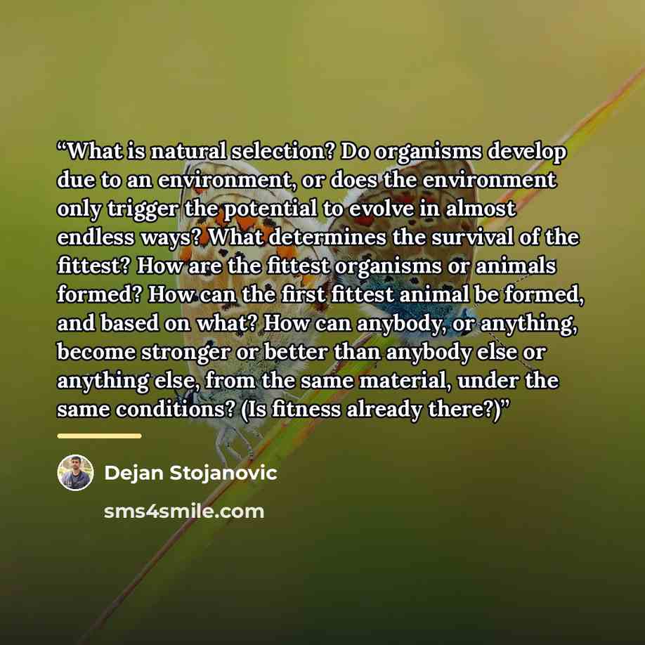 “What is natural selection? Do organisms develop due to an environment, or does the environment only trigger the potential to evolve in almost endless ways? What determines the survival of the fittest? How are the fittest organisms or animals formed? How can the first fittest animal be formed, and…” quote by Dejan Stojanovic