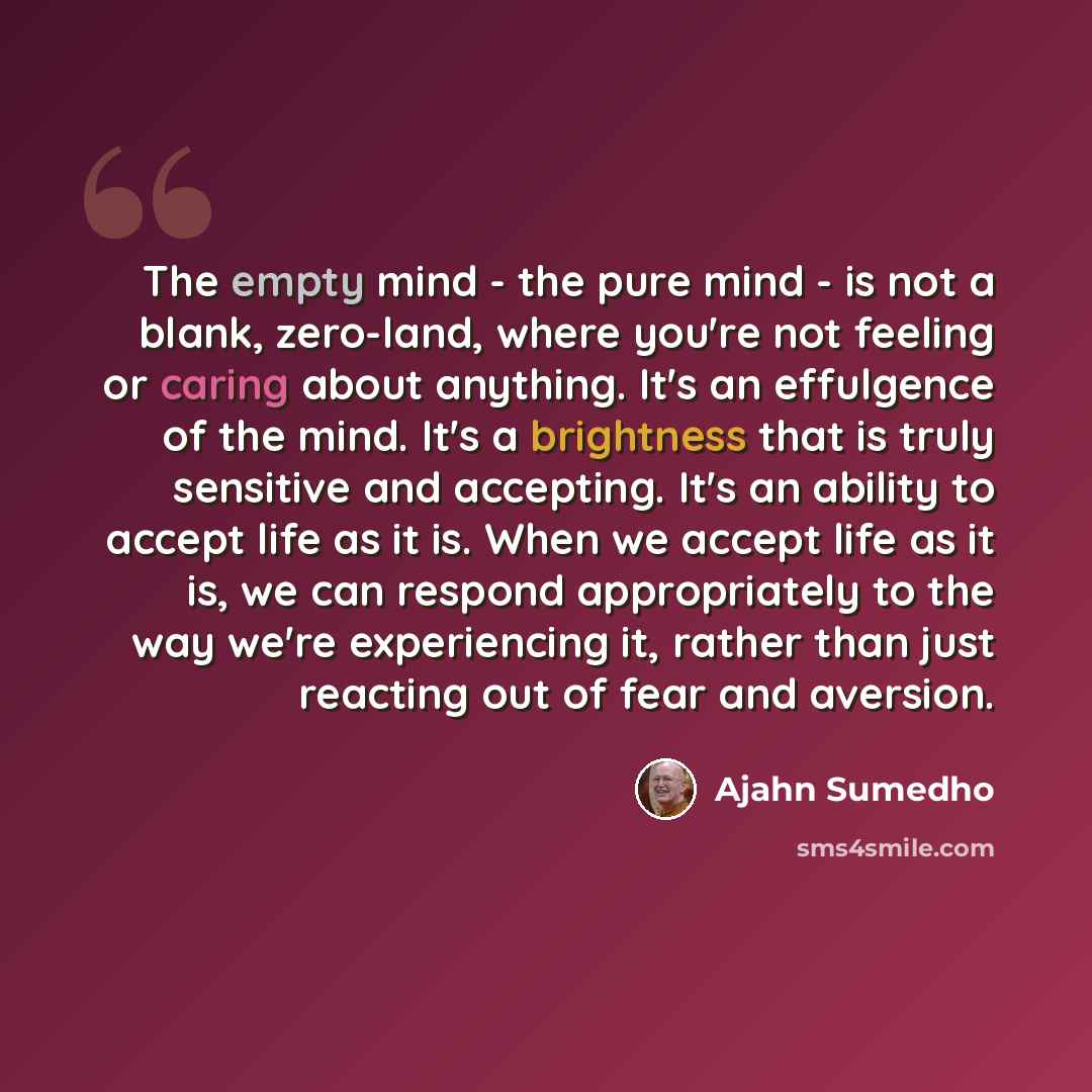 “The empty mind - the pure mind - is not a blank, zero-land, where you're not feeling or caring about anything. It's an effulgence of the mind. It's a brightness that is truly sensitive and accepting. It's an ability to accept life as it is. When we accept life as it is, we can respond…” quote by Ajahn Sumedho