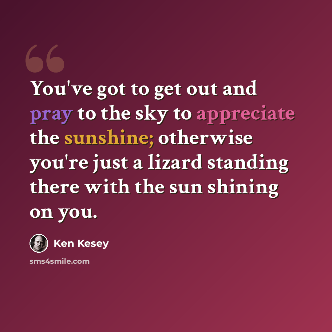 “You've got to get out and pray to the sky to appreciate the sunshine; otherwise you're just a lizard standing there with the sun shining on you.” quote by Ken Kesey