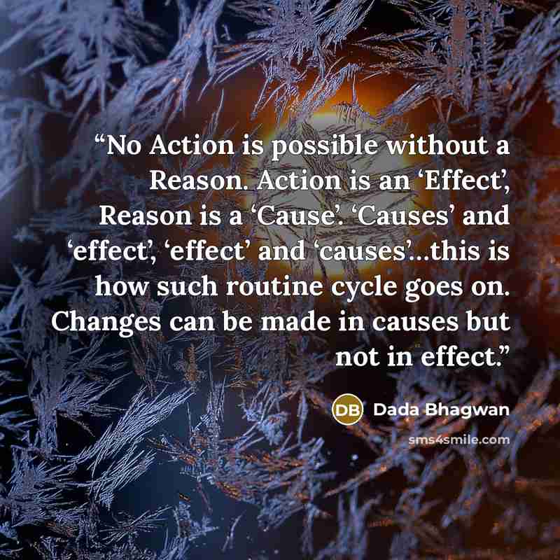 “No Action is possible without a Reason. Action is an ‘Effect’, Reason is a ‘Cause’. ‘Causes’ and ‘effect’, ‘effect’ and ‘causes’…this is how such routine cycle goes on. Changes can be made in causes but not in effect.” quote by Dada Bhagwan
