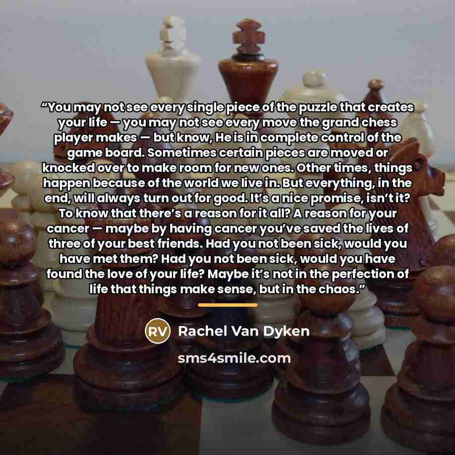 “You may not see every single piece of the puzzle that creates your life — you may not see every move the grand chess player makes — but know, He is in complete control of the game board. Sometimes certain pieces are moved or knocked over to make room for new ones. Other times, things happen…” quote by Rachel Van Dyken