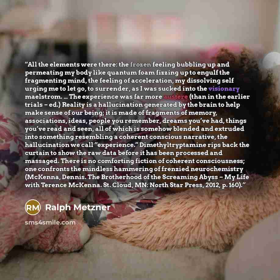 “All the elements were there: the frozen feeling bubbling up and permeating my body like quantum foam fizzing up to engulf the fragmenting mind, the feeling of acceleration, my dissolving self urging me to let go, to surrender, as I was sucked into the visionary maelstrom. … The experience was far…” quote by Ralph Metzner