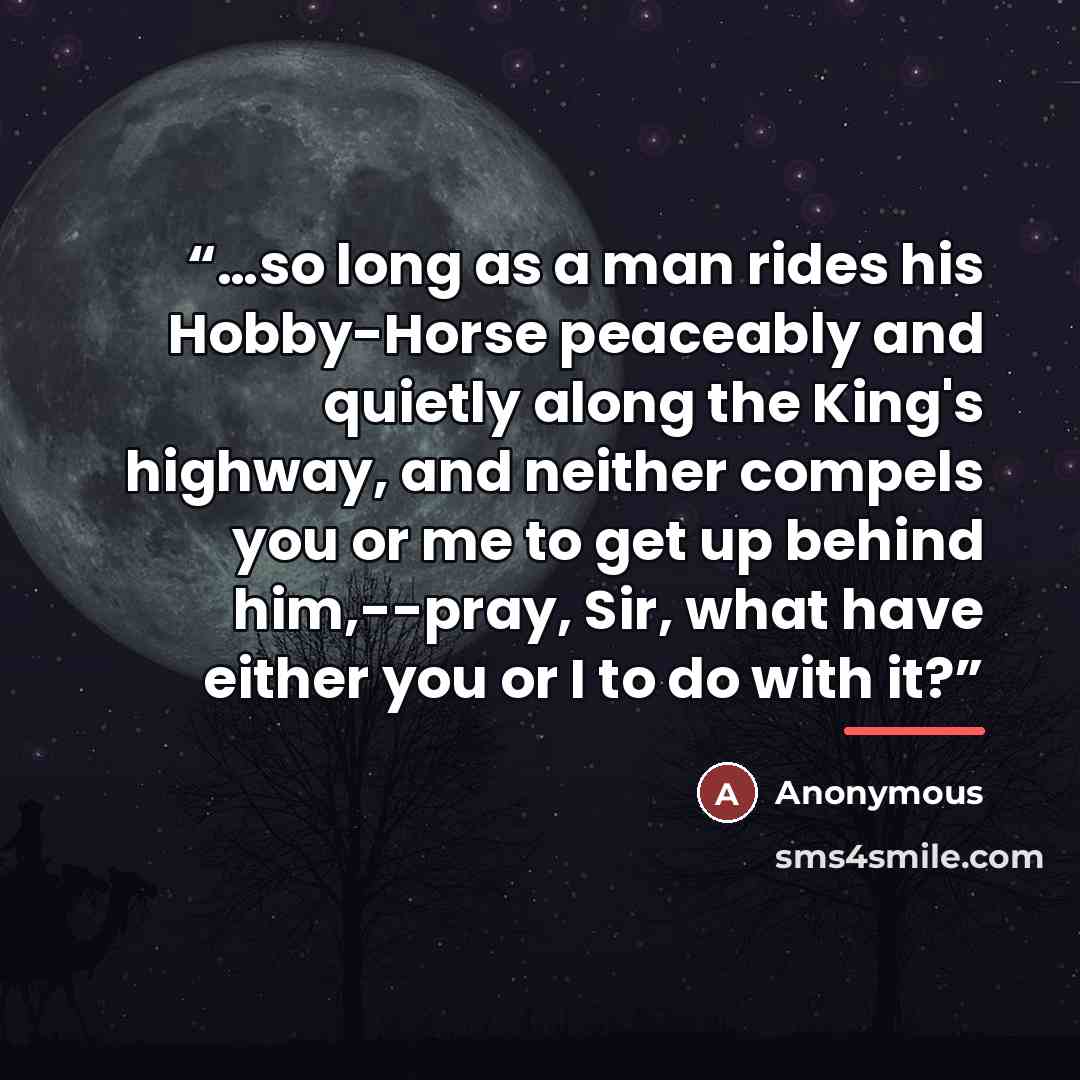 “…so long as a man rides his Hobby-Horse peaceably and quietly along the King's highway, and neither compels you or me to get up behind him,--pray, Sir, what have either you or I to do with it?” quote by Anonymous