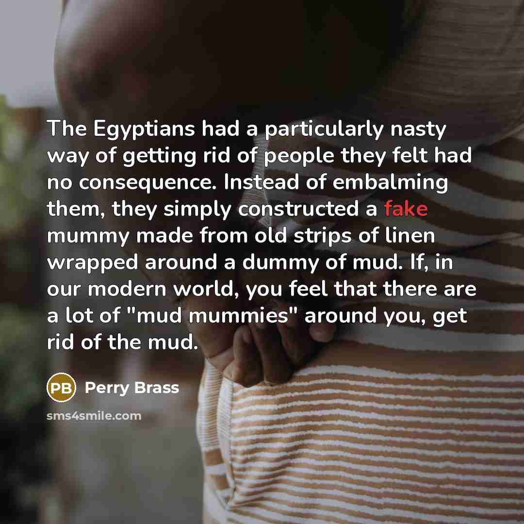 “The Egyptians had a particularly nasty way of getting rid of people they felt had no consequence. Instead of embalming them, they simply constructed a fake mummy made from old strips of linen wrapped around a dummy of mud. If, in our modern world, you feel that there are a lot of "mud mummies"…” quote by Perry Brass