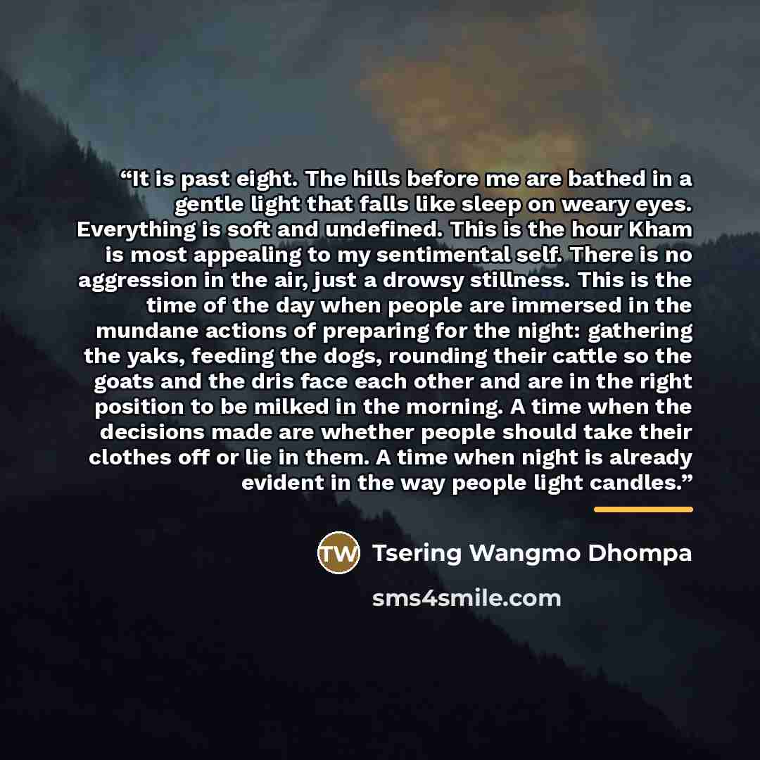 “It is past eight. The hills before me are bathed in a gentle light that falls like sleep on weary eyes. Everything is soft and undefined. This is the hour Kham is most appealing to my sentimental self. There is no aggression in the air, just a drowsy stillness. This is the time of the day when…” quote by Tsering Wangmo Dhompa