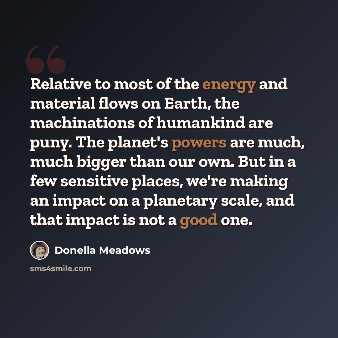 “Relative to most of the energy and material flows on Earth, the machinations of humankind are puny. The planet's powers are much, much bigger than our own. But in a few sensitive places, we're making an impact on a planetary scale, and that impact is not a good one.” quote by Donella Meadows