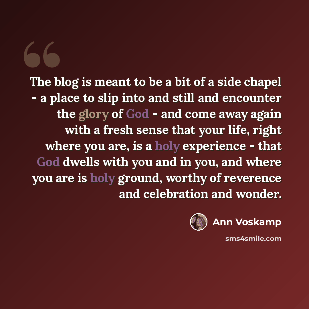 “The blog is meant to be a bit of a side chapel - a place to slip into and still and encounter the glory of God - and come away again with a fresh sense that your life, right where you are, is a holy experience - that God dwells with you and in you, and where you are is holy ground, worthy of…” quote by Ann Voskamp