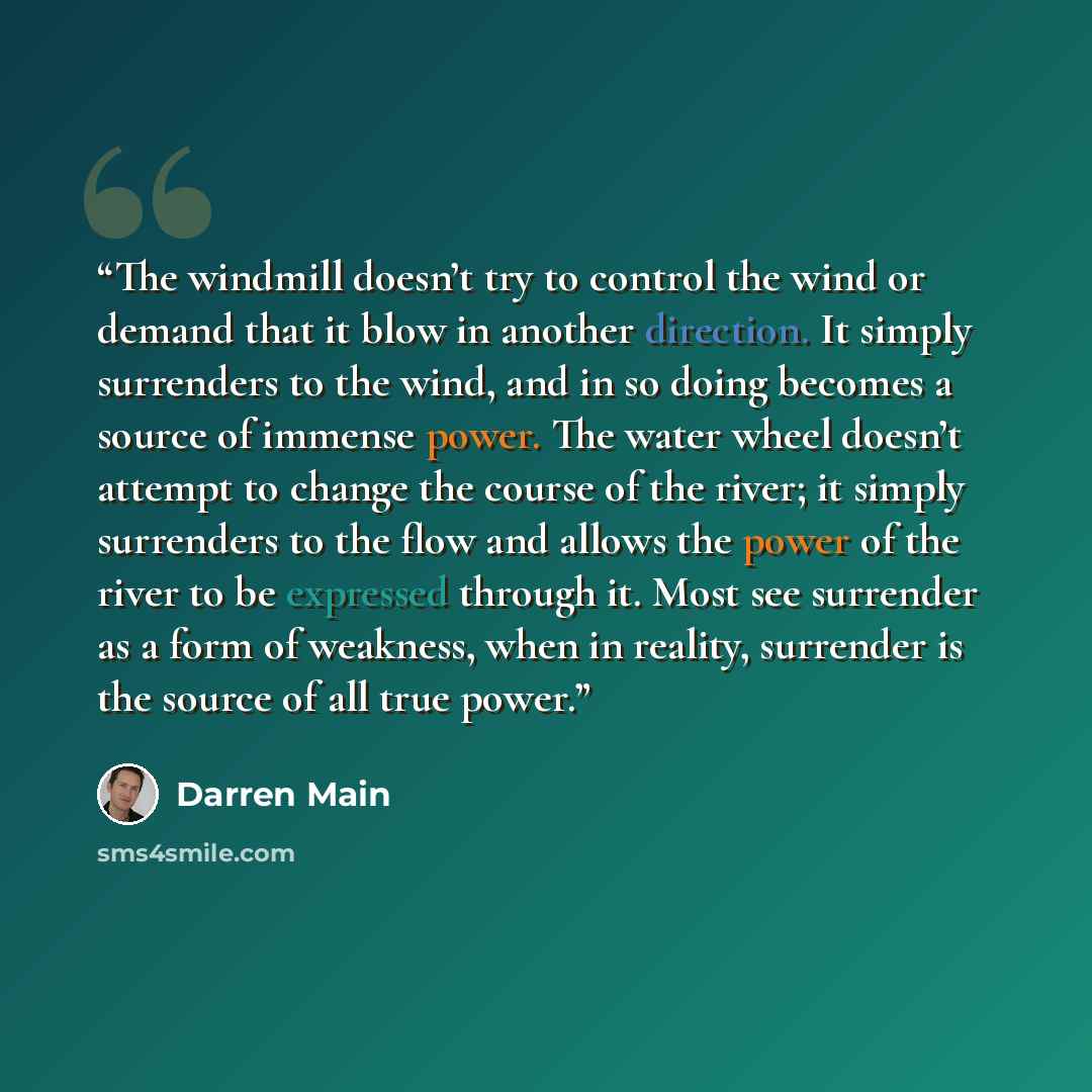 “The windmill doesn’t try to control the wind or demand that it blow in another direction. It simply surrenders to the wind, and in so doing becomes a source of immense power. The water wheel doesn’t attempt to change the course of the river; it simply surrenders to the flow and allows the power of…” quote by Darren Main