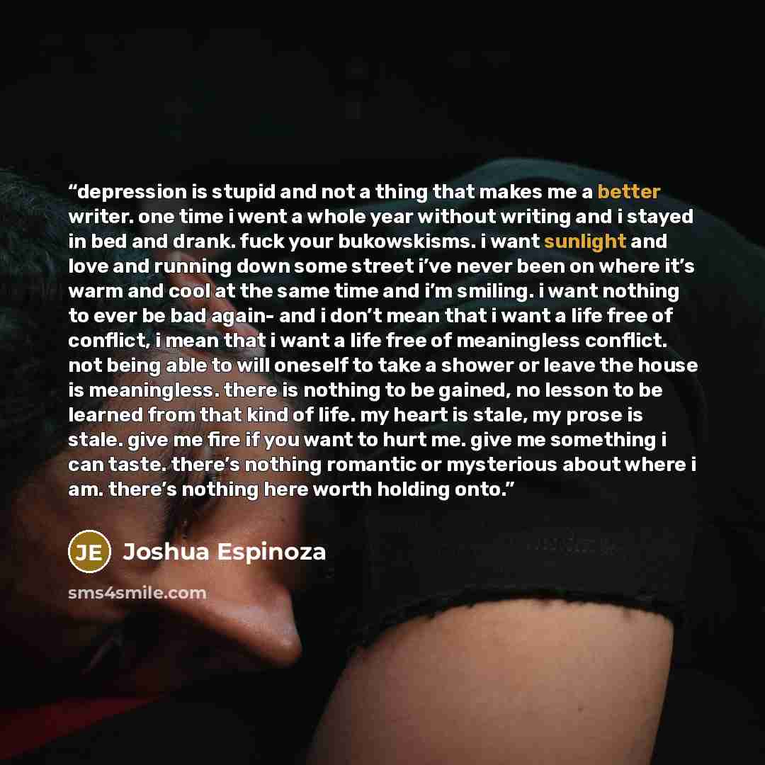 “depression is stupid and not a thing that makes me a better writer. one time i went a whole year without writing and i stayed in bed and drank. fuck your bukowskisms. i want sunlight and love and running down some street i’ve never been on where it’s warm and cool at the same time and i’m smiling…” quote by Joshua Espinoza