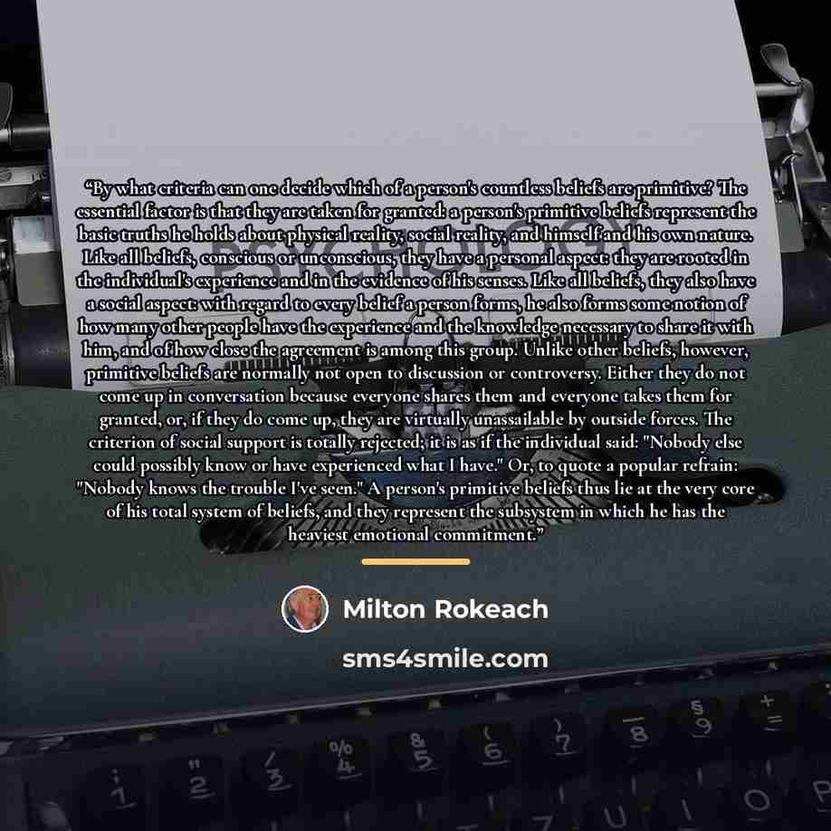 “By what criteria can one decide which of a person's countless beliefs are primitive? The essential factor is that they are taken for granted: a person's primitive beliefs represent the basic truths he holds about physical reality, social reality, and himself and his own nature. Like all beliefs…” quote by Milton Rokeach