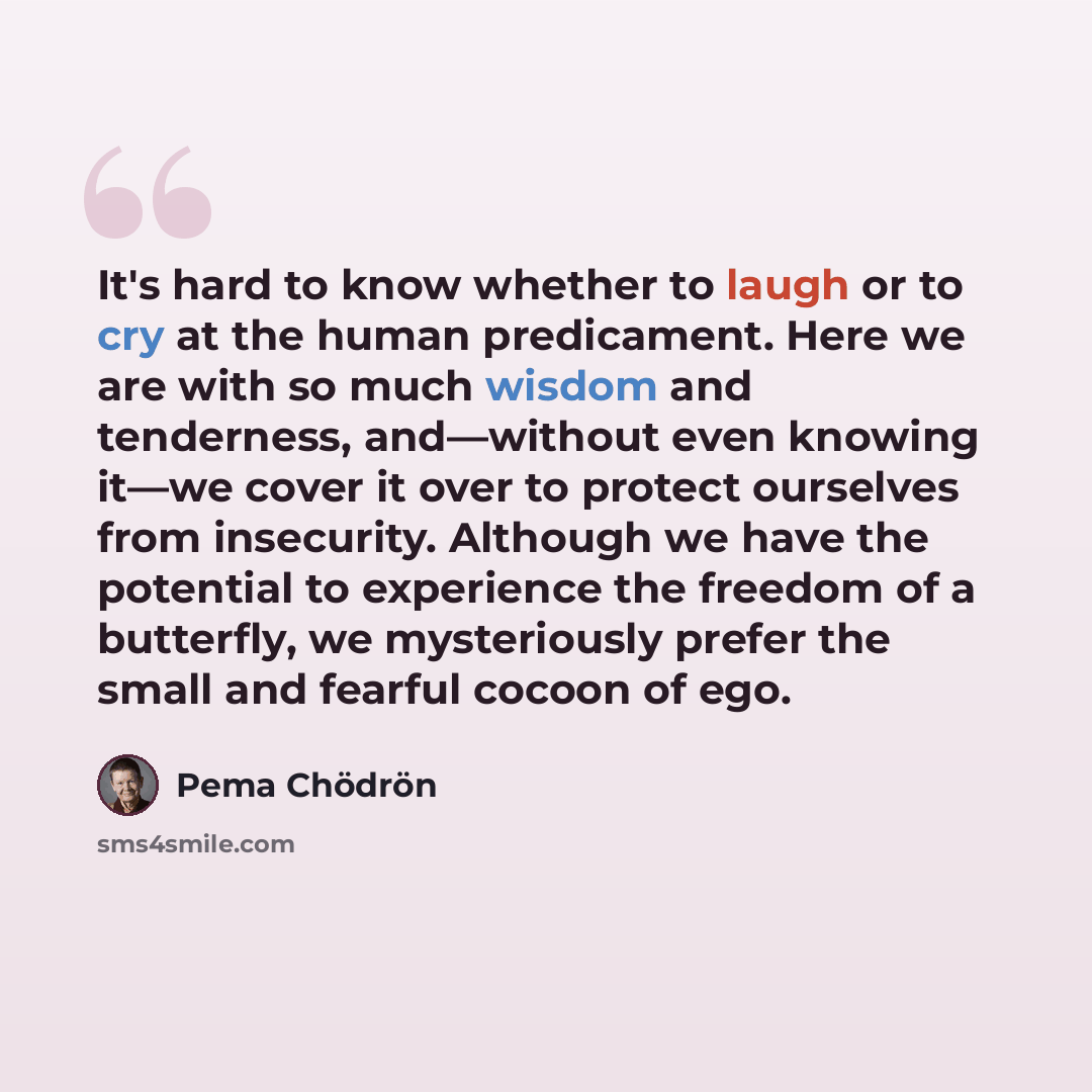 “It's hard to know whether to laugh or to cry at the human predicament. Here we are with so much wisdom and tenderness, and—without even knowing it—we cover it over to protect ourselves from insecurity. Although we have the potential to experience the freedom of a butterfly, we mysteriously prefer…” quote by Pema Chodron