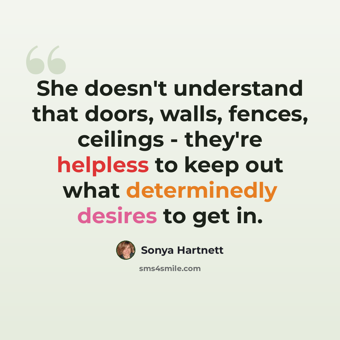 “She doesn't understand that doors, walls, fences, ceilings - they're helpless to keep out what determinedly desires to get in.” quote by Sonya Hartnett