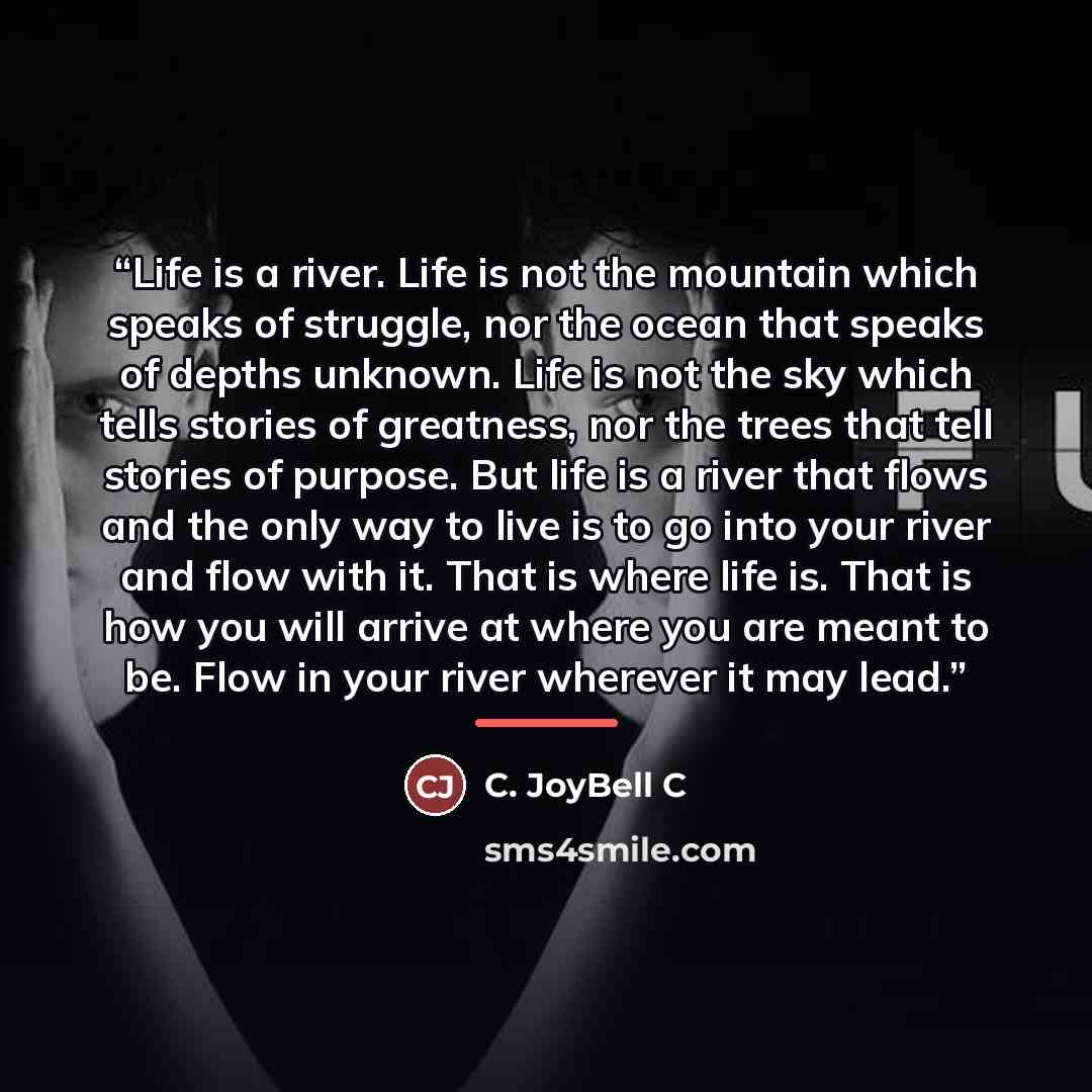 “Life is a river. Life is not the mountain which speaks of struggle, nor the ocean that speaks of depths unknown. Life is not the sky which tells stories of greatness, nor the trees that tell stories of purpose. But life is a river that flows and the only way to live is to go into your river and…” quote by C. JoyBell C
