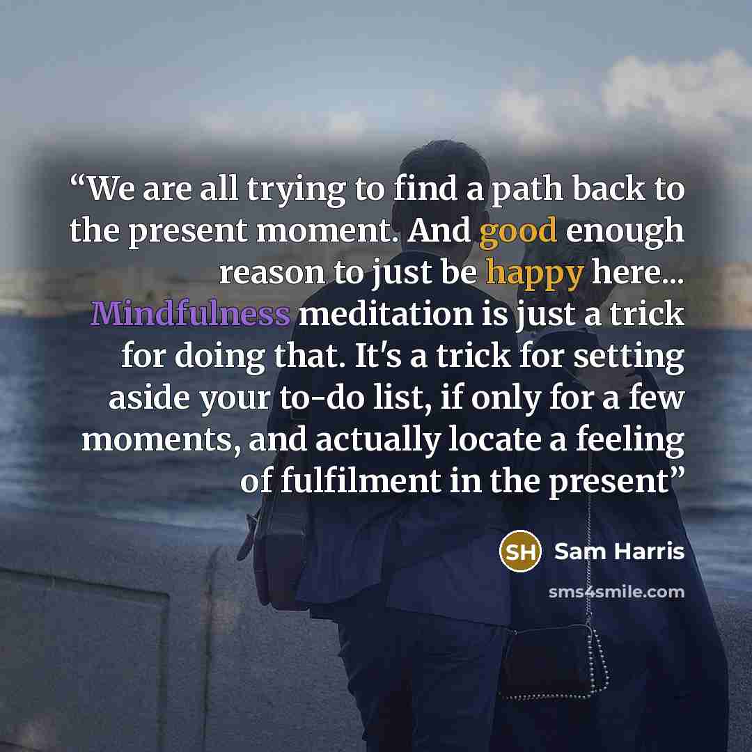 “We are all trying to find a path back to the present moment. And good enough reason to just be happy here... Mindfulness meditation is just a trick for doing that. It's a trick for setting aside your to-do list, if only for a few moments, and actually locate a feeling of fulfilment in the present” quote by Sam Harris