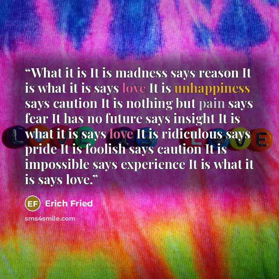 “What it is It is madness says reason It is what it is says love It is unhappiness says caution It is nothing but pain says fear It has no future says insight It is what it is says love It is ridiculous says pride It is foolish says caution It is impossible says experience It is what it is says love.” quote by Erich Fried