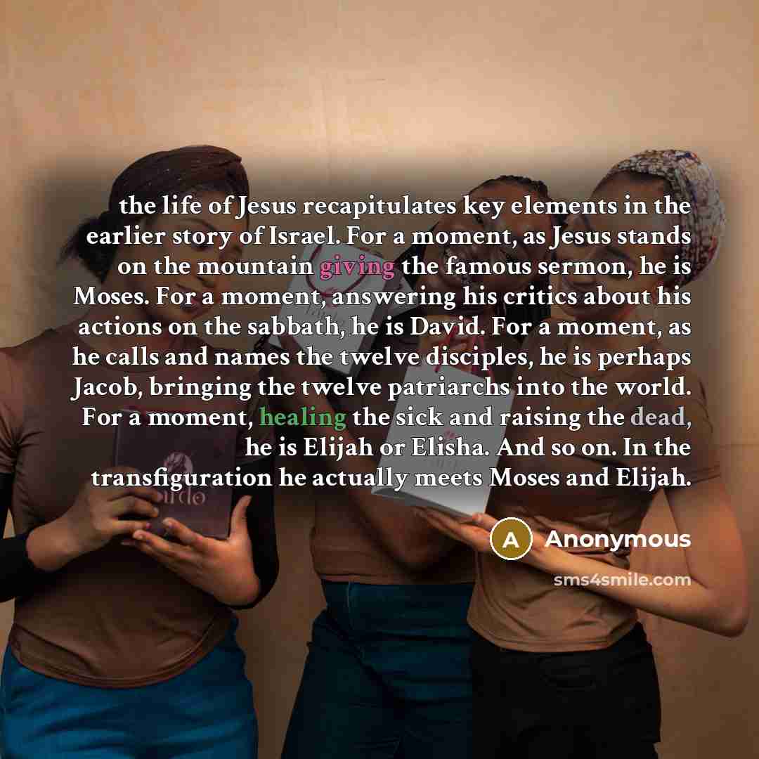 “the life of Jesus recapitulates key elements in the earlier story of Israel. For a moment, as Jesus stands on the mountain giving the famous sermon, he is Moses. For a moment, answering his critics about his actions on the sabbath, he is David. For a moment, as he calls and names the twelve…” quote by Anonymous