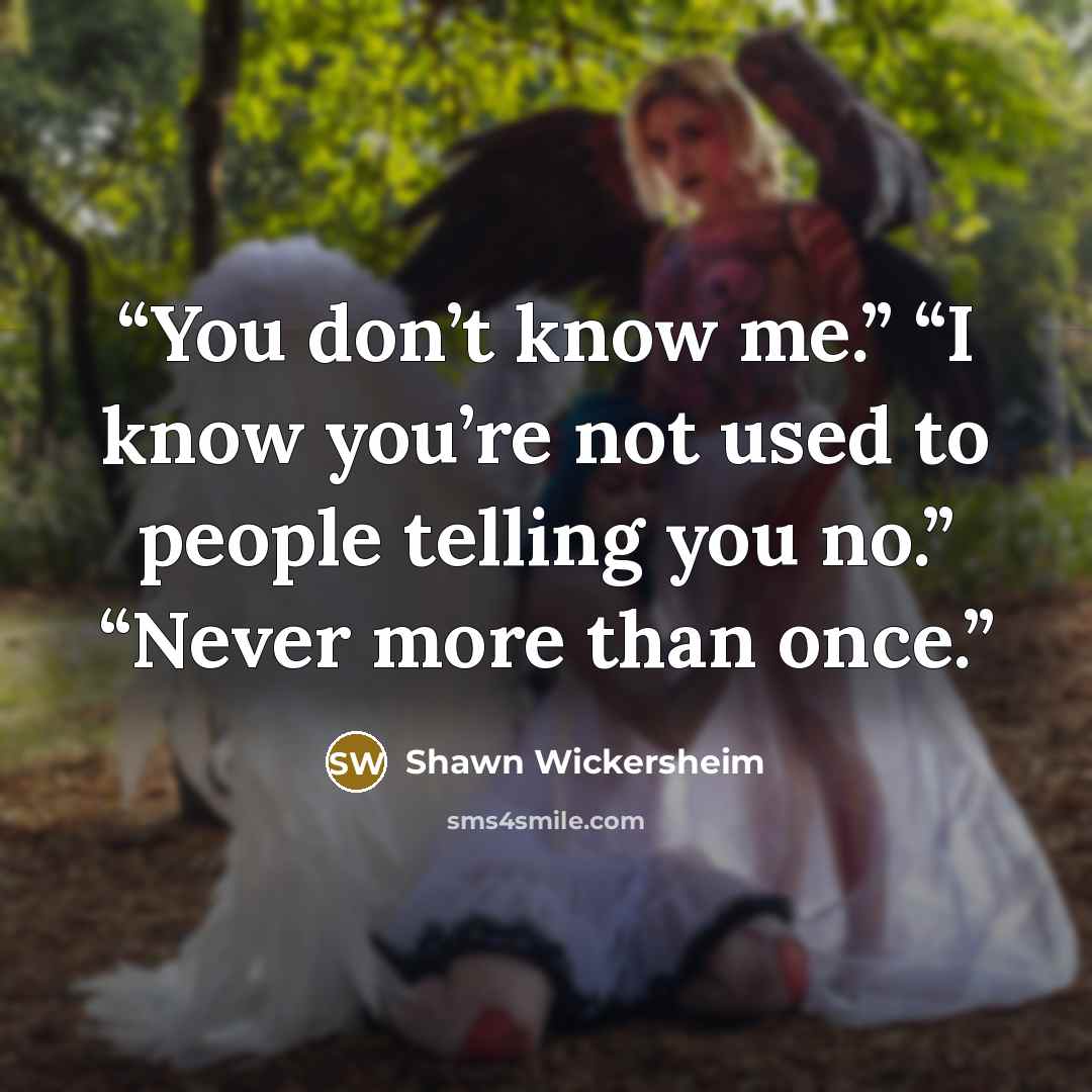 “You don’t know me.” “I know you’re not used to people telling you no.” “Never more than once.” quote by Shawn Wickersheim