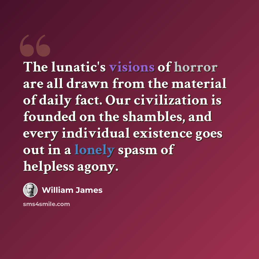 “The lunatic's visions of horror are all drawn from the material of daily fact. Our civilization is founded on the shambles, and every individual existence goes out in a lonely spasm of helpless agony.” quote by William James