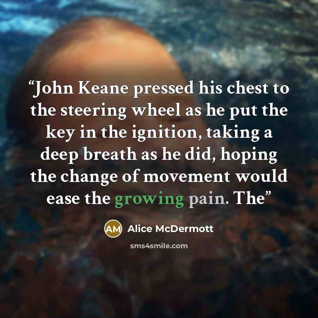 “John Keane pressed his chest to the steering wheel as he put the key in the ignition, taking a deep breath as he did, hoping the change of movement would ease the growing pain. The” quote by Alice McDermott