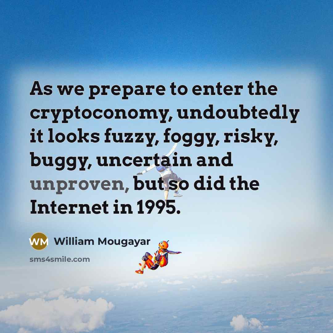 “As we prepare to enter the cryptoconomy, undoubtedly it looks fuzzy, foggy, risky, buggy, uncertain and unproven, but so did the Internet in 1995.” quote by William Mougayar