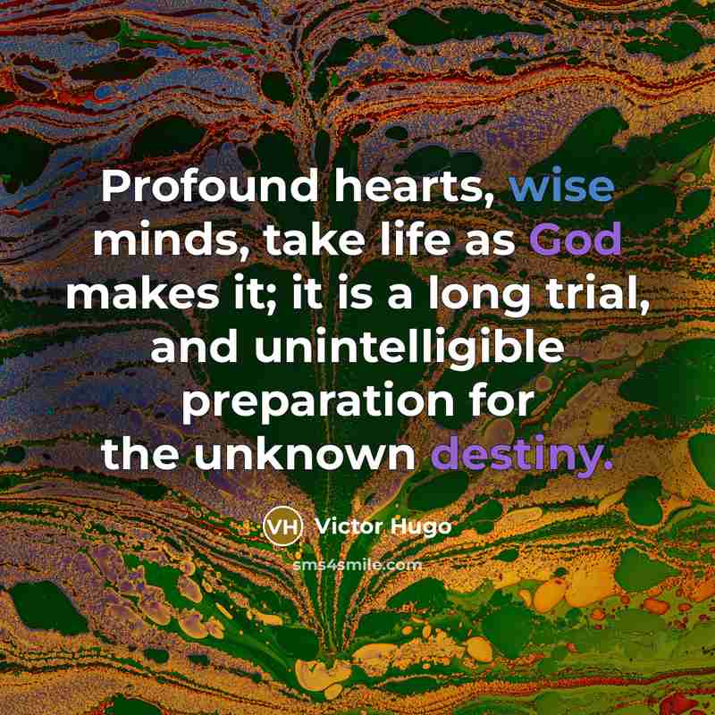 “Profound hearts, wise minds, take life as God makes it; it is a long trial, and unintelligible preparation for the unknown destiny.” quote by Victor Hugo