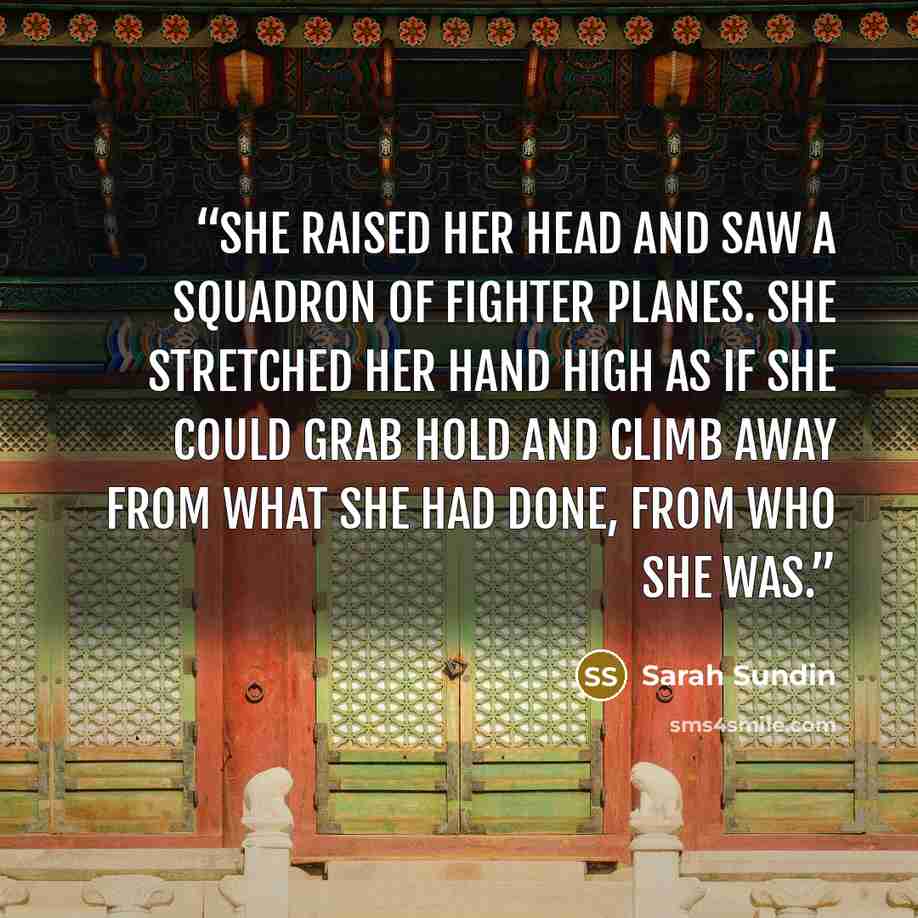 “She raised her head and saw a squadron of fighter planes. She stretched her hand high as if she could grab hold and climb away from what she had done, from who she was.” quote by Sarah Sundin