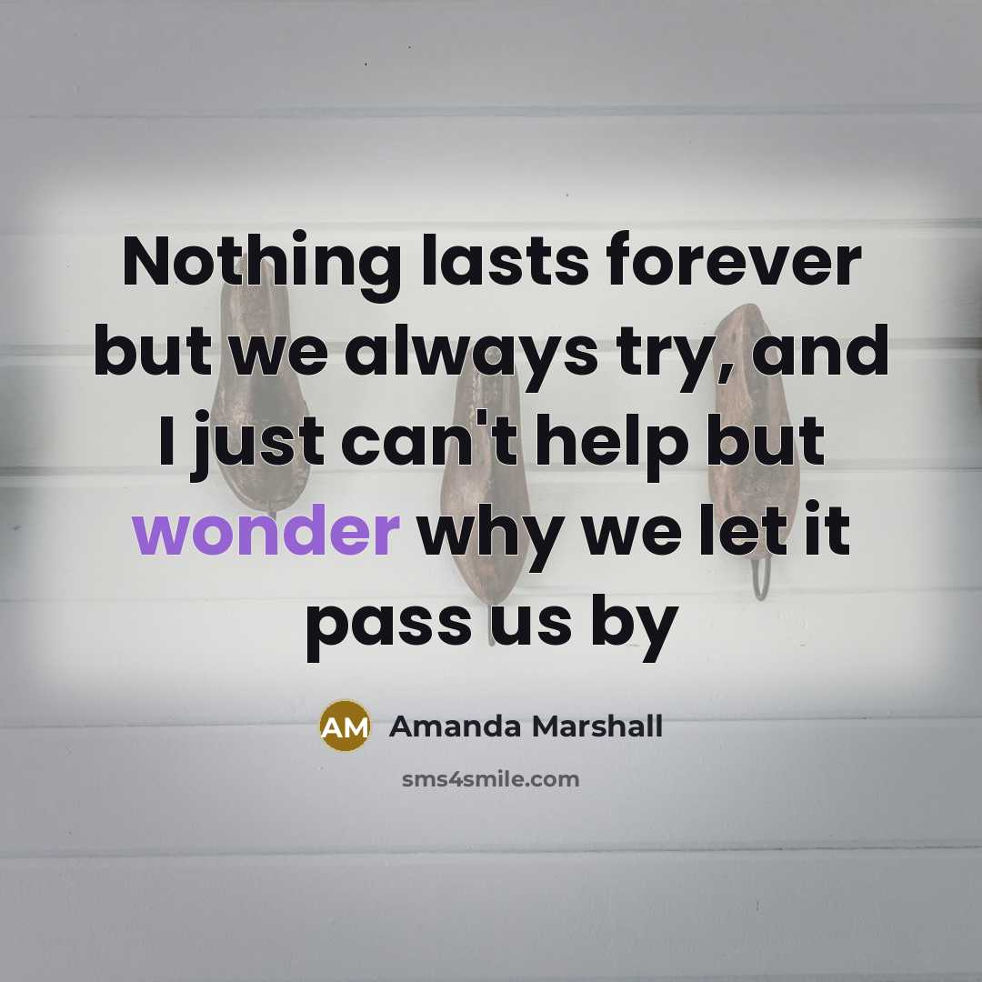 “Nothing lasts forever but we always try, and I just can't help but wonder why we let it pass us by” quote by Amanda Marshall
