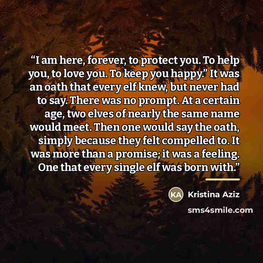 “I am here, forever, to protect you. To help you, to love you. To keep you happy.” It was an oath that every elf knew, but never had to say. There was no prompt. At a certain age, two elves of nearly the same name would meet. Then one would say the oath, simply because they felt compelled to. It…” quote by Kristina Aziz