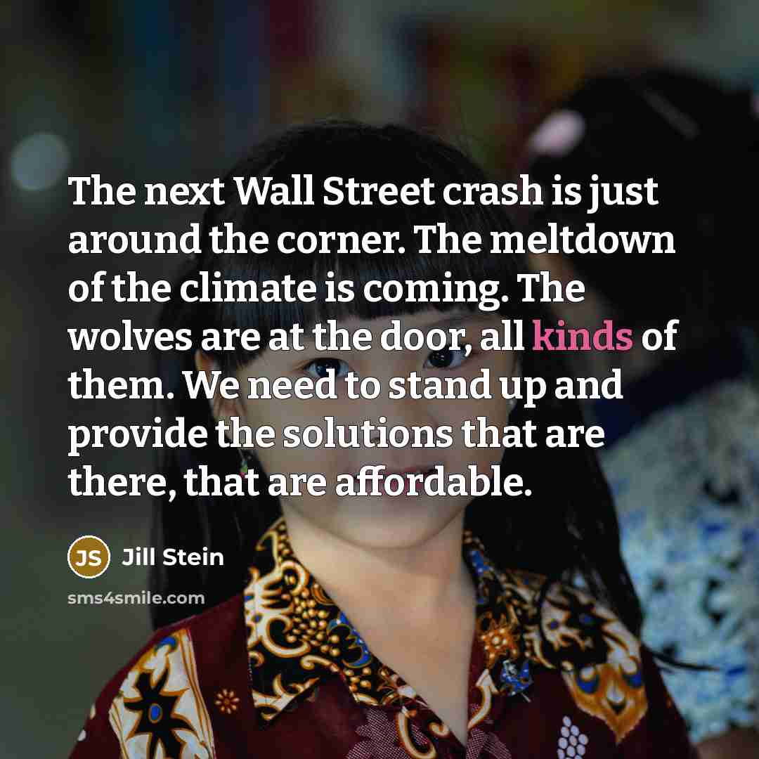 “The next Wall Street crash is just around the corner. The meltdown of the climate is coming. The wolves are at the door, all kinds of them. We need to stand up and provide the solutions that are there, that are affordable.” quote by Jill Stein