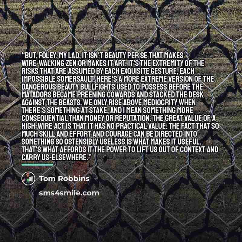 “But, Foley, my lad, it isn't beauty per se that makes wire-walking Zen or makes it art. It's the extremity of the risks that are assumed by each exquisite gesture, each impossible somersault. Here's a more extreme version of the dangerous beauty bullfights used to possess before the matadors…” quote by Tom Robbins