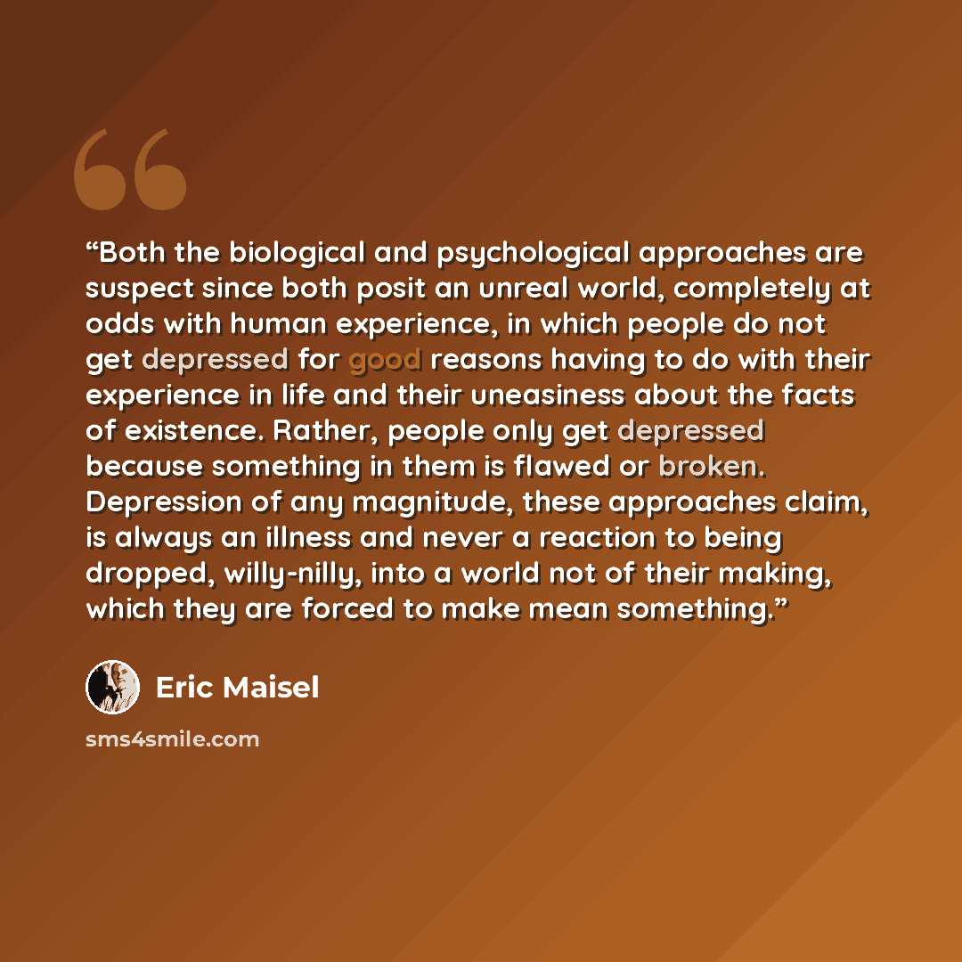 “Both the biological and psychological approaches are suspect since both posit an unreal world, completely at odds with human experience, in which people do not get depressed for good reasons having to do with their experience in life and their uneasiness about the facts of existence. Rather…” quote by Eric Maisel