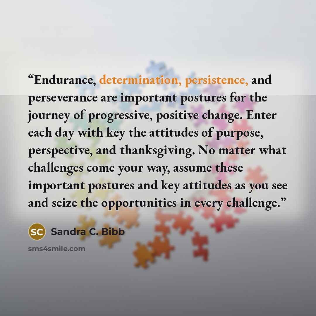 “Endurance, determination, persistence, and perseverance are important postures for the journey of progressive, positive change. Enter each day with key the attitudes of purpose, perspective, and thanksgiving. No matter what challenges come your way, assume these important postures and key…” quote by Sandra C. Bibb