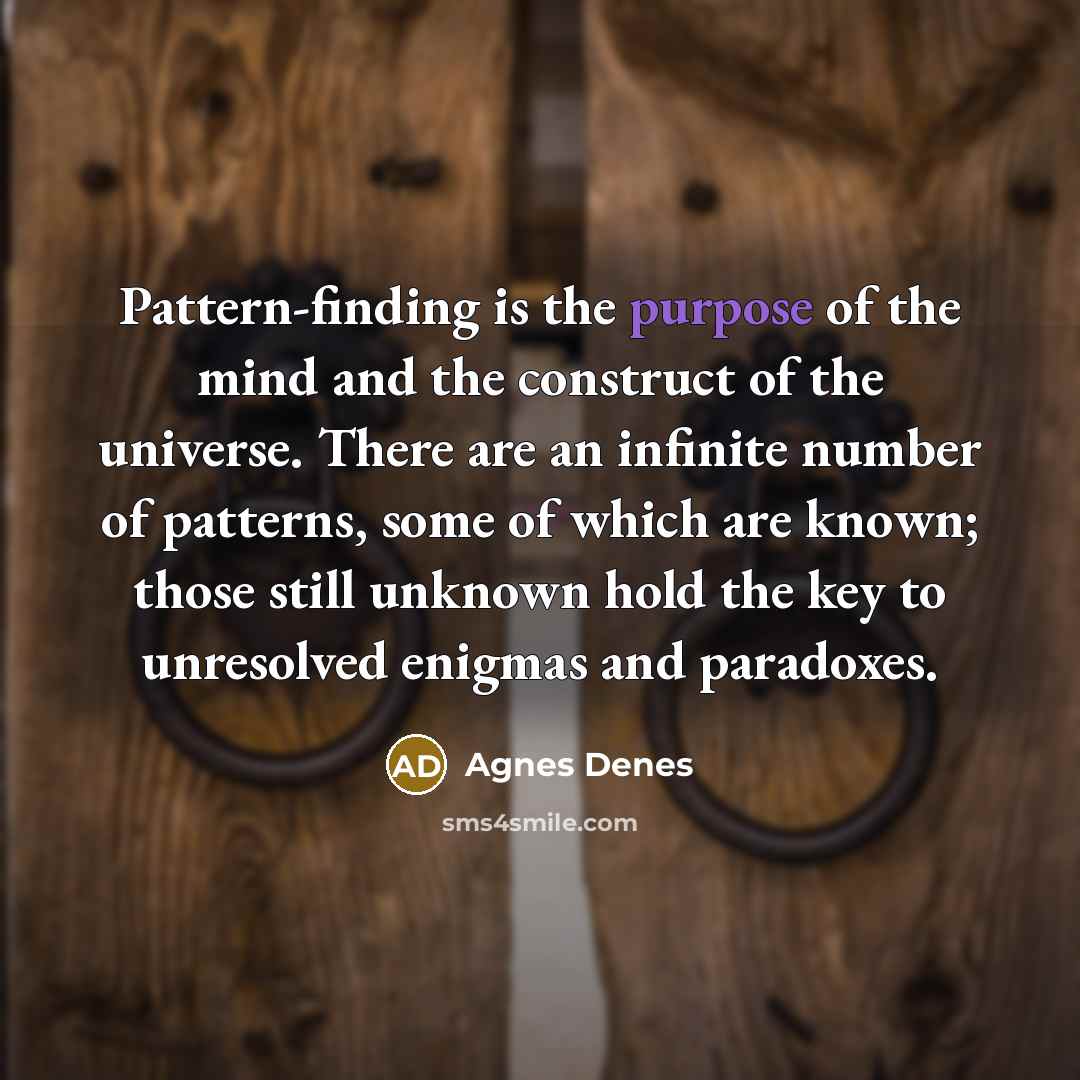 “Pattern-finding is the purpose of the mind and the construct of the universe. There are an infinite number of patterns, some of which are known; those still unknown hold the key to unresolved enigmas and paradoxes.” quote by Agnes Denes