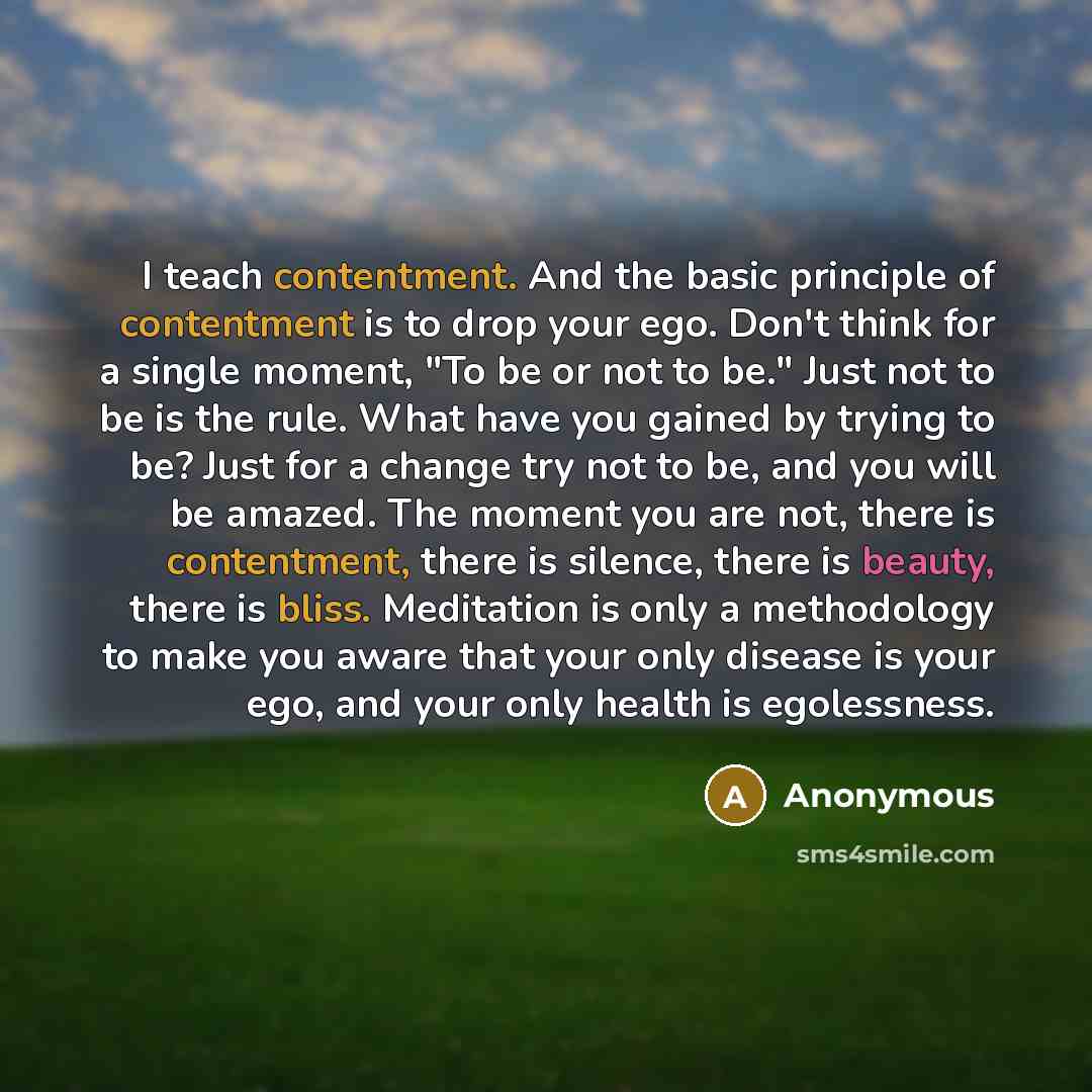 “I teach contentment. And the basic principle of contentment is to drop your ego. Don't think for a single moment, "To be or not to be." Just not to be is the rule. What have you gained by trying to be? Just for a change try not to be, and you will be amazed. The moment you are not, there is…” quote by Anonymous