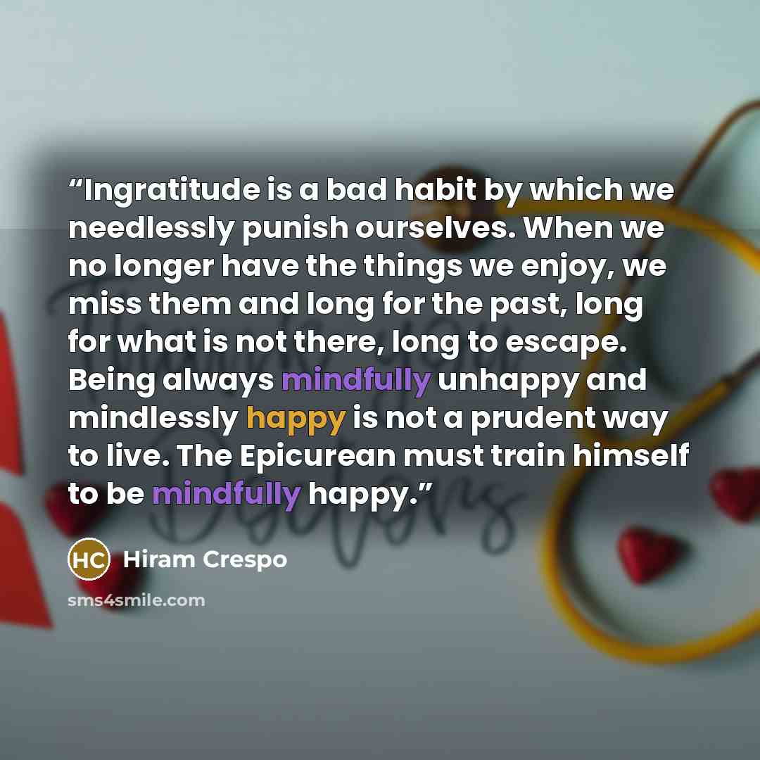 “Ingratitude is a bad habit by which we needlessly punish ourselves. When we no longer have the things we enjoy, we miss them and long for the past, long for what is not there, long to escape. Being always mindfully unhappy and mindlessly happy is not a prudent way to live. The Epicurean must train…” quote by Hiram Crespo