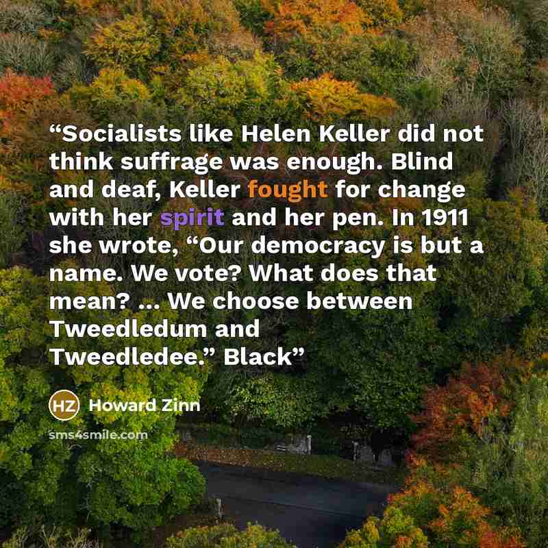 “Socialists like Helen Keller did not think suffrage was enough. Blind and deaf, Keller fought for change with her spirit and her pen. In 1911 she wrote, “Our democracy is but a name. We vote? What does that mean? … We choose between Tweedledum and Tweedledee.” Black” quote by Howard Zinn