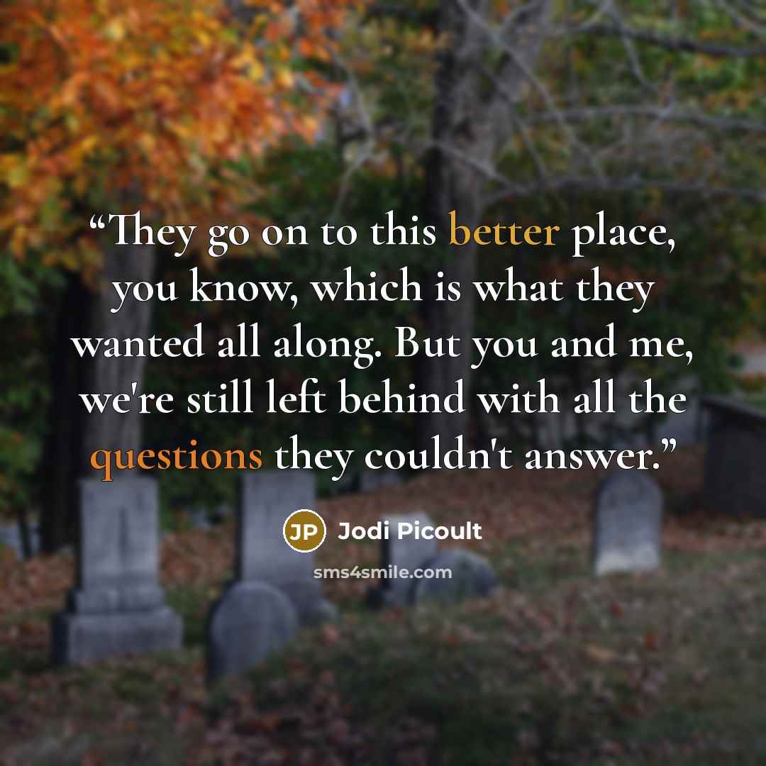 “They go on to this better place, you know, which is what they wanted all along. But you and me, we're still left behind with all the questions they couldn't answer.” quote by Jodi Picoult