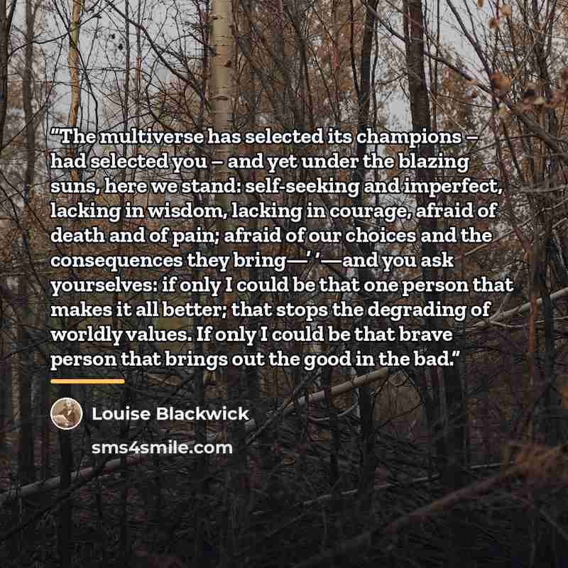 “The multiverse has selected its champions – had selected you – and yet under the blazing suns, here we stand: self-seeking and imperfect, lacking in wisdom, lacking in courage, afraid of death and of pain; afraid of our choices and the consequences they bring—’ ‘—and you ask yourselves: if only I…” quote by Louise Blackwick