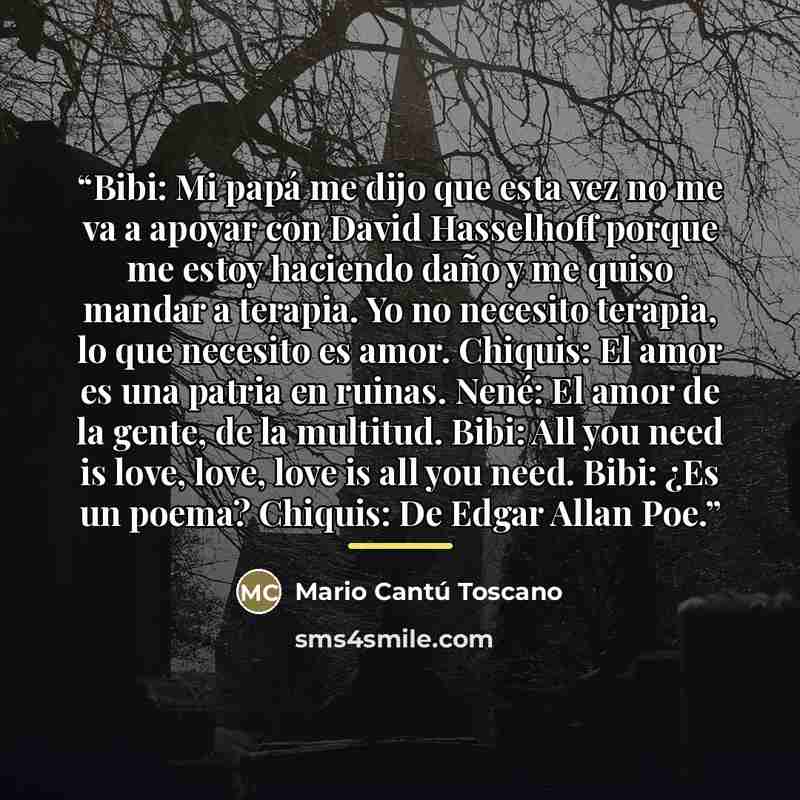 “Bibi: Mi papá me dijo que esta vez no me va a apoyar con David Hasselhoff porque me estoy haciendo daño y me quiso mandar a terapia. Yo no necesito terapia, lo que necesito es amor. Chiquis: El amor es una patria en ruinas. Nené: El amor de la gente, de la multitud. Bibi: All you need is love…” quote by Mario Cantú Toscano
