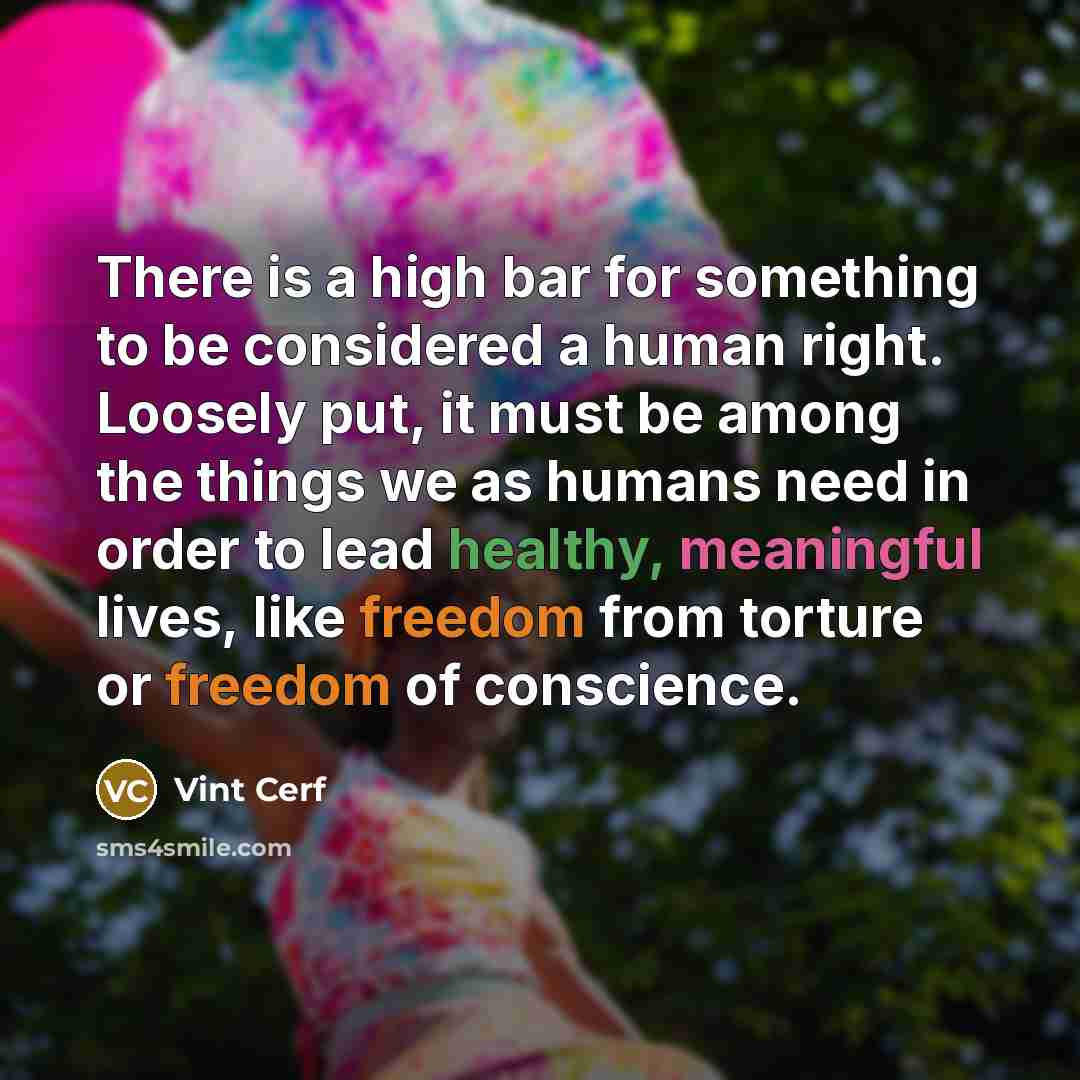 “There is a high bar for something to be considered a human right. Loosely put, it must be among the things we as humans need in order to lead healthy, meaningful lives, like freedom from torture or freedom of conscience.” quote by Vint Cerf