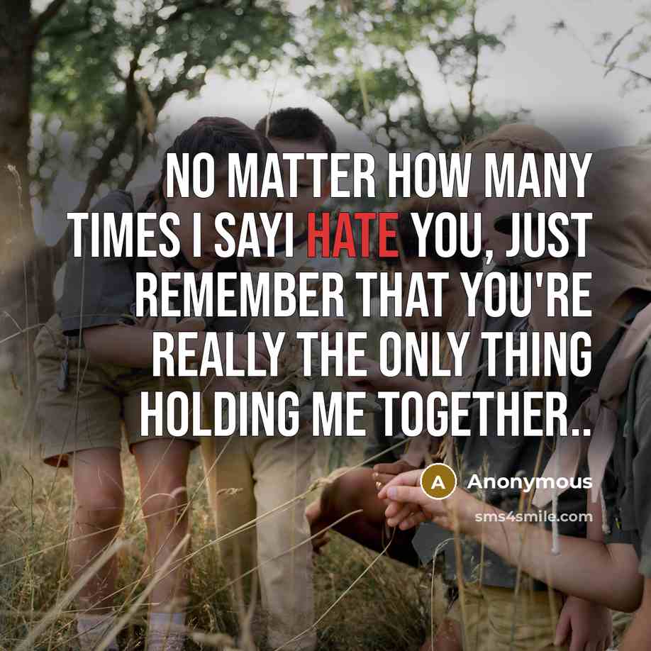 “No matter how many times I sayI hate you, just remember that you're really the only thing holding me together..” quote by Anonymous