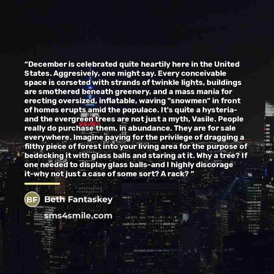 “December is celebrated quite heartily here in the United States. Aggresively, one might say. Every conceivable space is corseted with strands of twinkle lights, buildings are smothered beneath greenery, and a mass mania for erecting oversized, inflatable, waving "snowmen" in front of homes erupts…” quote by Beth Fantaskey