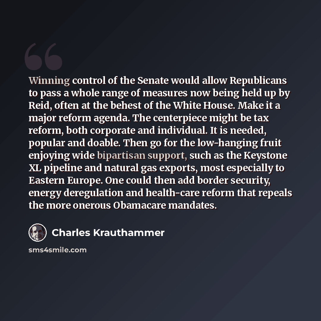 “Winning control of the Senate would allow Republicans to pass a whole range of measures now being held up by Reid, often at the behest of the White House. Make it a major reform agenda. The centerpiece might be tax reform, both corporate and individual. It is needed, popular and doable. Then go…” quote by Charles Krauthammer