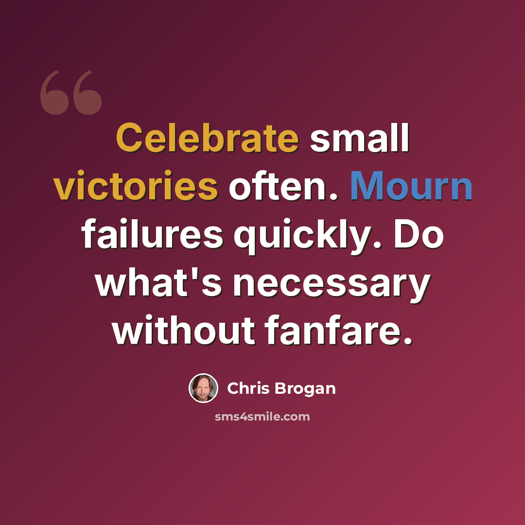 “Celebrate small victories often. Mourn failures quickly. Do what's necessary without fanfare.” quote by Chris Brogan